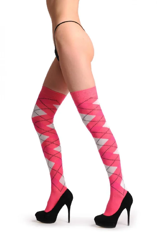Women's over - the - calf socks with a stripe designArgyle Pink White & Fluorescent Pink Women's over - the - calf socks with a stripe designArgyle Pink White & Fluorescent Pink