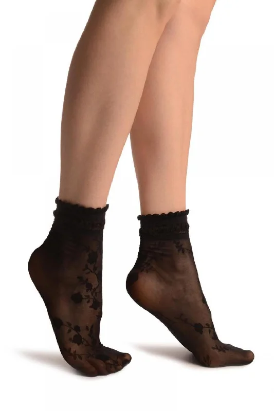 Women's moisture - wicking socks for sportsBlack With Roses And Silky Comfort Top Ankle High Socks