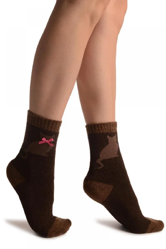 Women's cotton blend socks for breathabilityBrown With Cute Cat & Satin Bow Angora Ankle High Socks Women's cotton blend socks for breathabilityBrown With Cute Cat & Satin Bow Angora Ankle High Socks