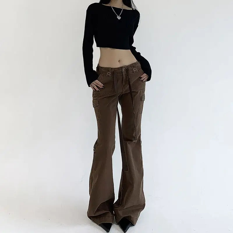 Women's fall - appropriate corduroy pants Distressed women jeans for a trendy and edgy look Button Ribbon Low Rise Streetwear Y2K Aesthetic Vintage Brown Jean