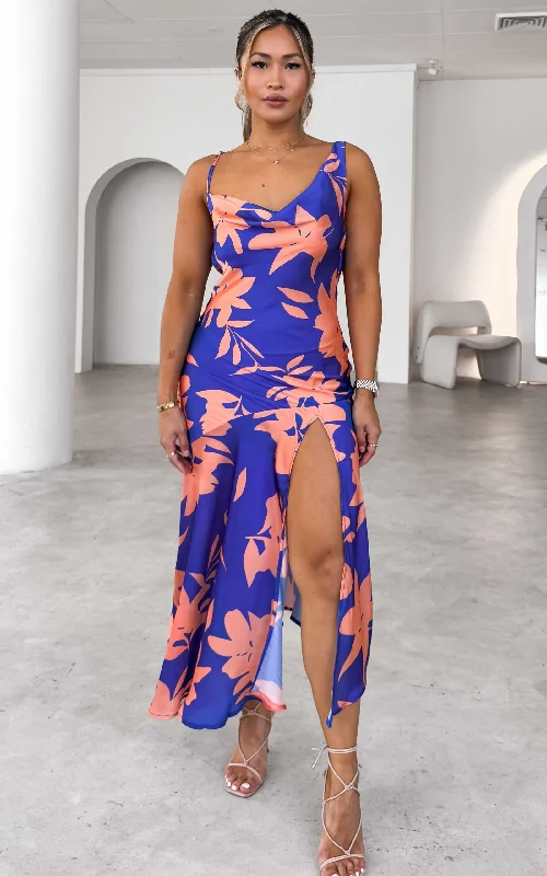 Women's pants for travel Embellished women jeans with studs or rhinestones for a glamorous touch Celeste Maxi Dress - Blue Orange Floral
