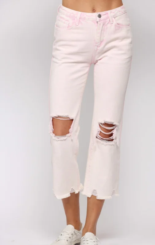 Women's straight - leg lounge pants Mom jeans for a nostalgic and casual look Fate Distressed Denim In Washed Pink