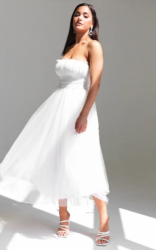 Women's budget - friendly denim pants Button - fly women jeans with a traditional touch Fiona Tulle Midi Dress - White
