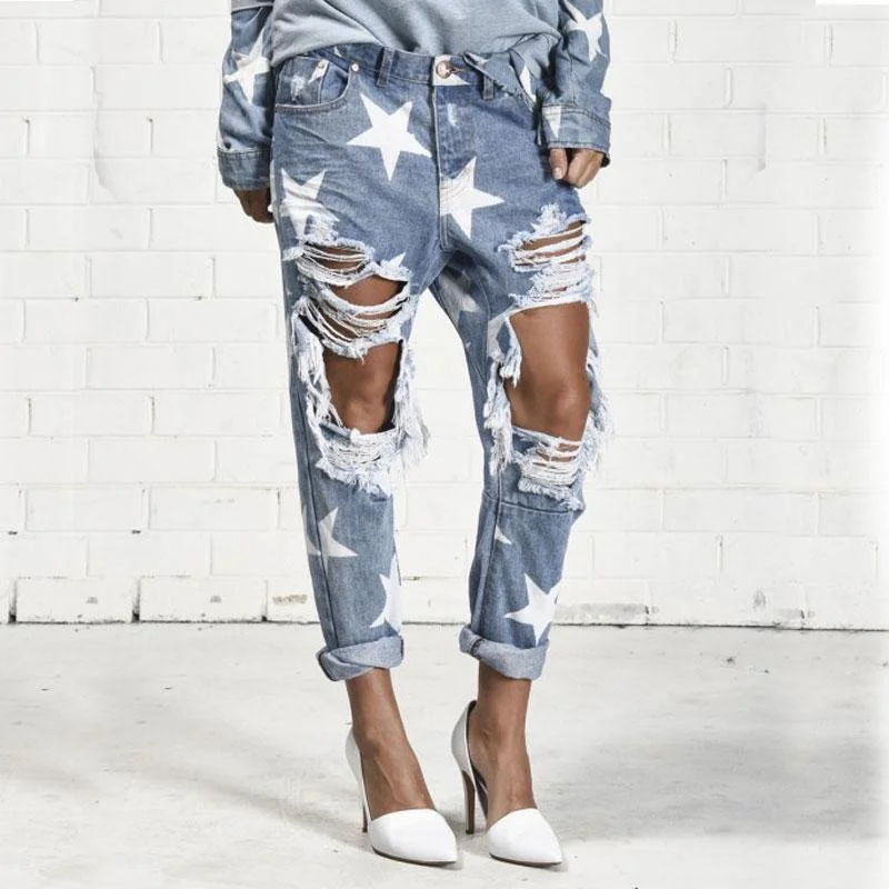 Women's high - waisted yoga pants Skinny women jeans with a form - fitting design Five-pointed Star Ripped Jeans