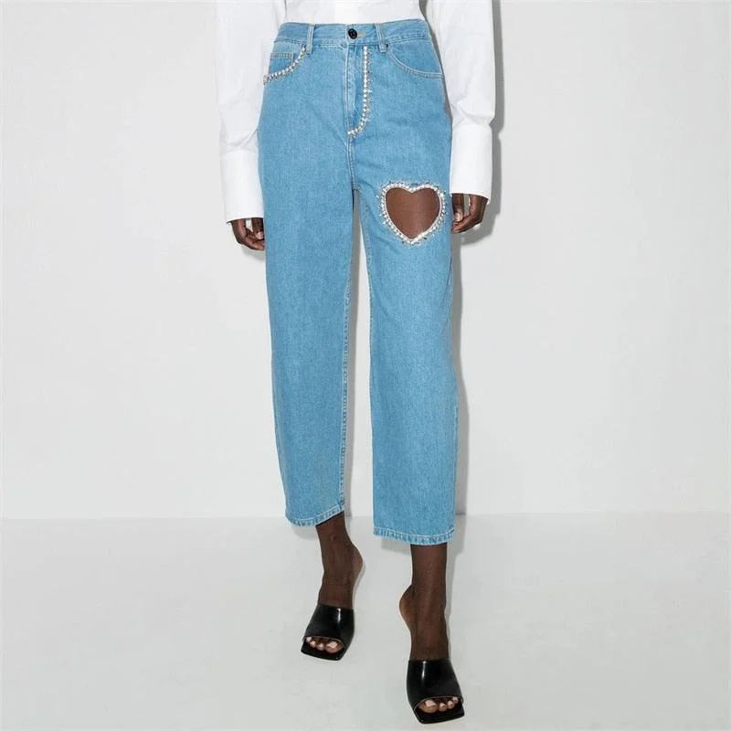 Women's tassel - adorned boho pants Embellished women jeans with studs or rhinestones for a glamorous touch Girly Touch Crystal Heart Relaxed-Fit Jeans