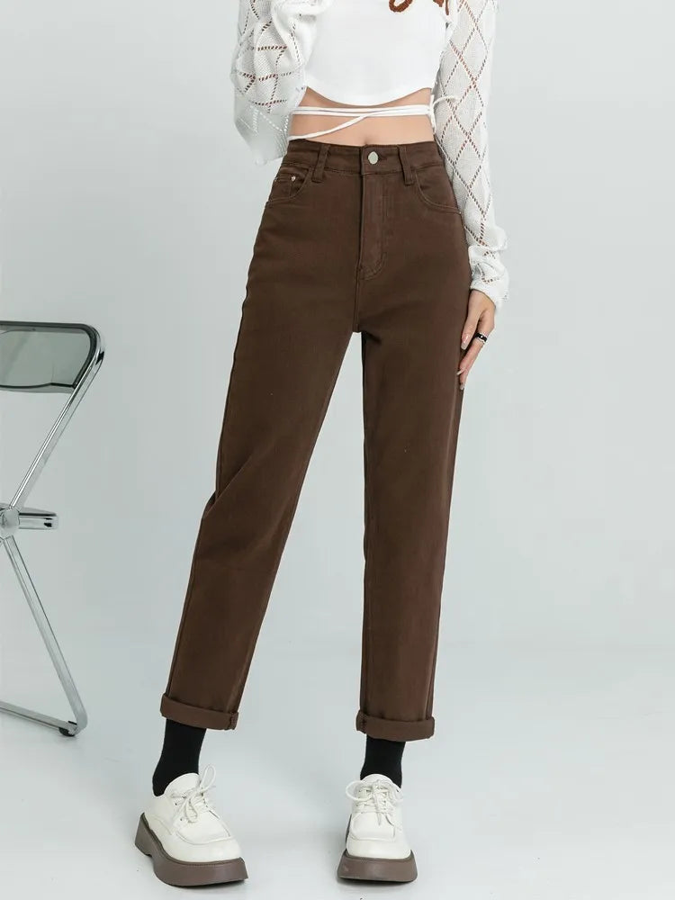 Women's flared office pants Ripped women jeans for a rebellious and fashion - forward style High Waist Elastic Vintage Casual Autumn Winter Brown Jean