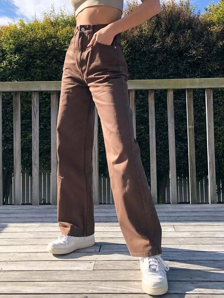Women's pants with mesh panels Jeggings women jeans combining the comfort of leggings and style of jeans High Waist Wide Leg Baggy Oversized Classic Casual Brown Jean