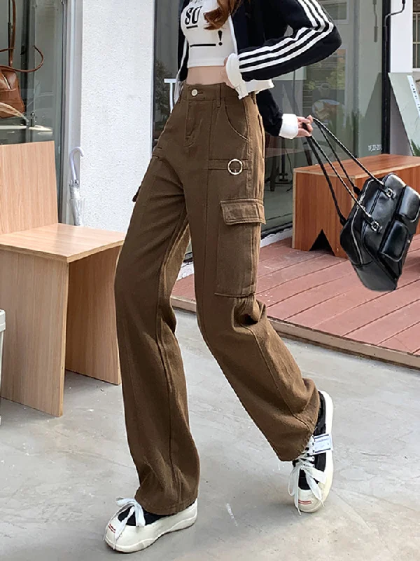 Women's senior - friendly lounge pants Embroidered women jeans with intricate patterns Hot Girls High Waist Wide Leg Loose Casual Brown Jean