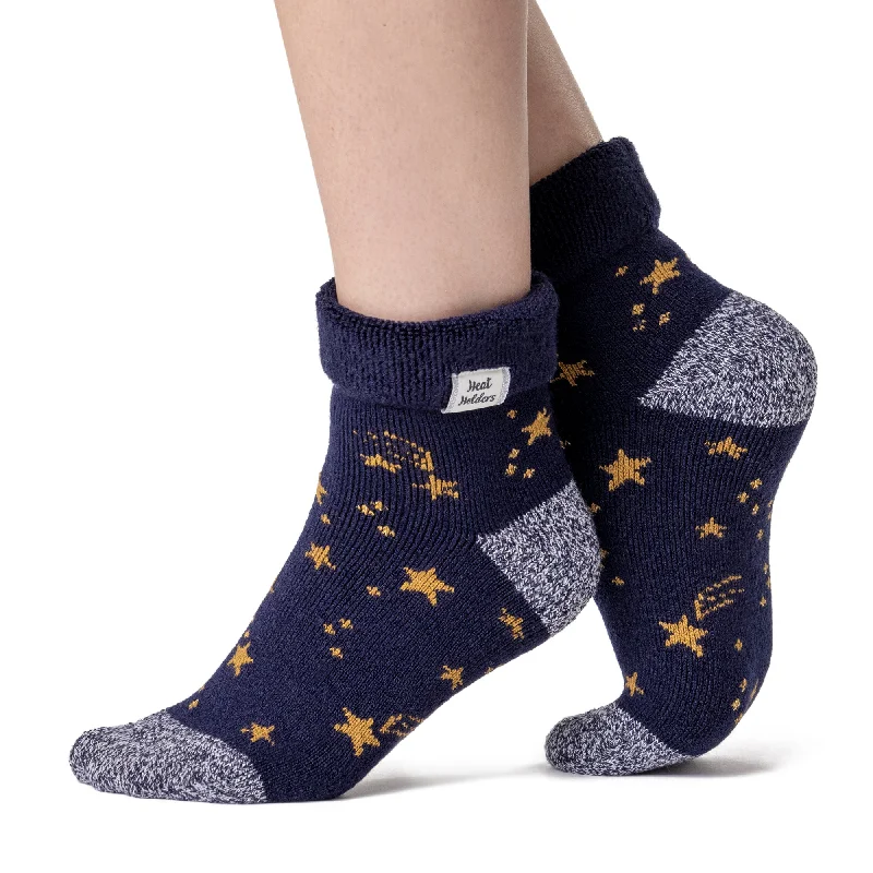 Women's leather - look socks for an edgy styleLadies Lite Orion Sleep Socks with Turnover Top - Navy & Gold Stars Women's leather - look socks for an edgy styleLadies Lite Orion Sleep Socks with Turnover Top - Navy & Gold Stars