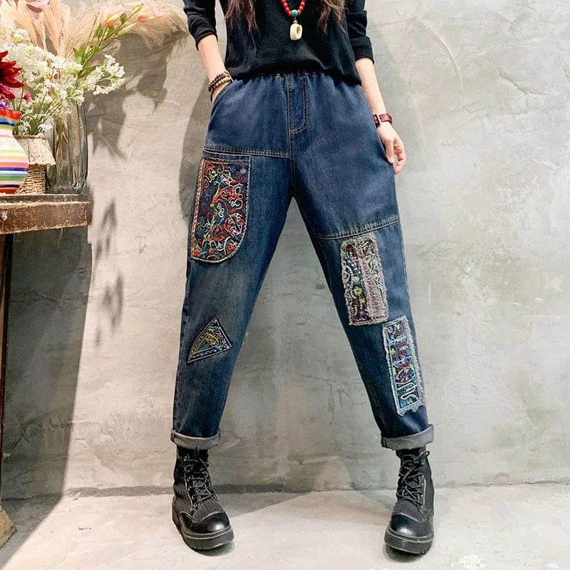 Women's pants for garden parties Colored women jeans in vibrant hues like red and yellow Patchwork Embroidered Loose Hipster Jeans