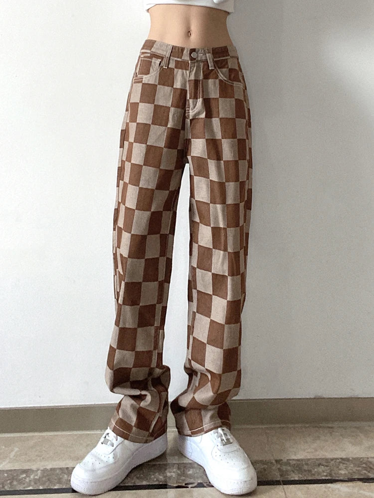 Women's pocket - equipped casual pants Button - fly women jeans with a traditional touch Plaid Print Retro Casual Y2K Streetwear Harajuku Brown Jean