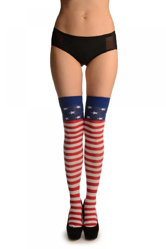 Women's over - the - calf socks with a stripe designRed& White Stripes & Shars On Blue (American Flag) Women's over - the - calf socks with a stripe designRed& White Stripes & Shars On Blue (American Flag)