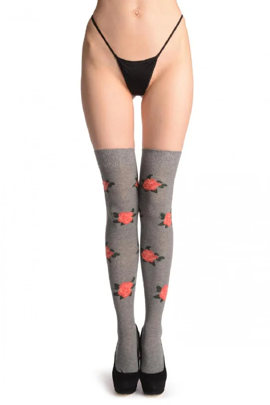 Women's satin - trimmed socks for a touch of eleganceRed With Pink Roses On Grey