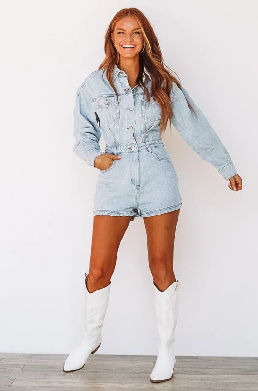 Women's pants for theme park visits Mom jeans for a nostalgic and casual look Roll With Us Denim Romper - Light Wash