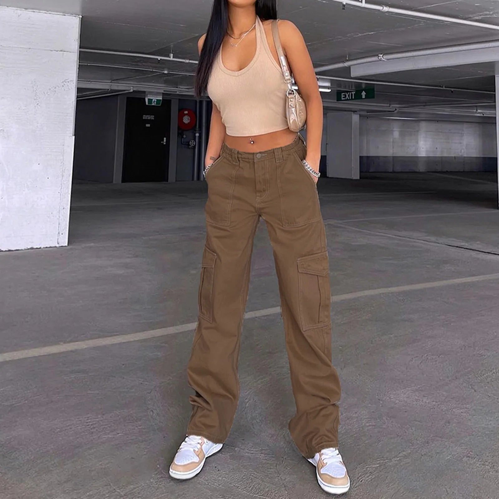 Women's pants for snowboarding Button - fly women jeans with a traditional touch Solid Color High Waist Straight-leg Buckle Brown Jean