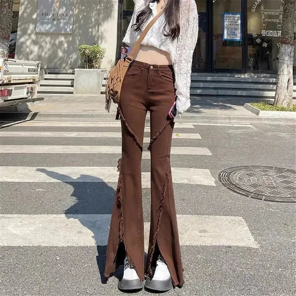 Women's pants for cocktail parties Distressed women jeans for a trendy and edgy look Split Tassels Solid High Waist Slim Elastic Brown Jean