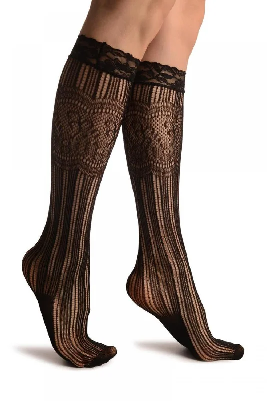 Women's non - slip socks for safetyStripes & Floral Panels Black Lace Knee High Socks Women's non - slip socks for safetyStripes & Floral Panels Black Lace Knee High Socks