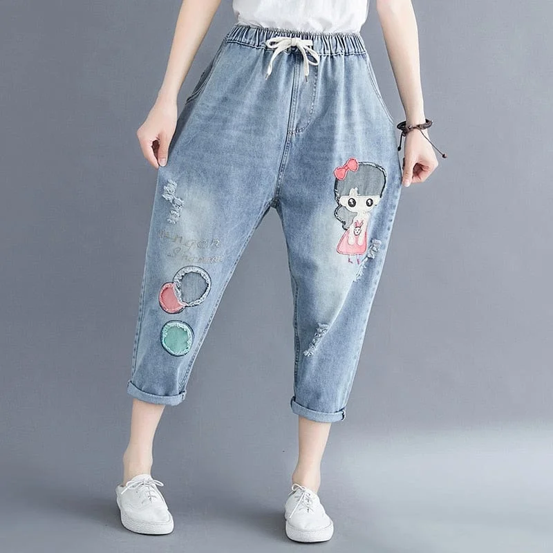 Women's two - piece pant set Ripped women jeans for a rebellious and fashion - forward style Vintage Cartoon Embroidered Boyfriend Jeans