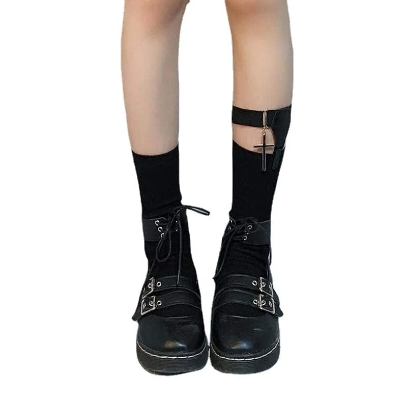 Women's thigh - high socks in a fishnet patternWomen's Gothic Solid Socks With Cross Leg Ring Women's thigh - high socks in a fishnet patternWomen's Gothic Solid Socks With Cross Leg Ring
