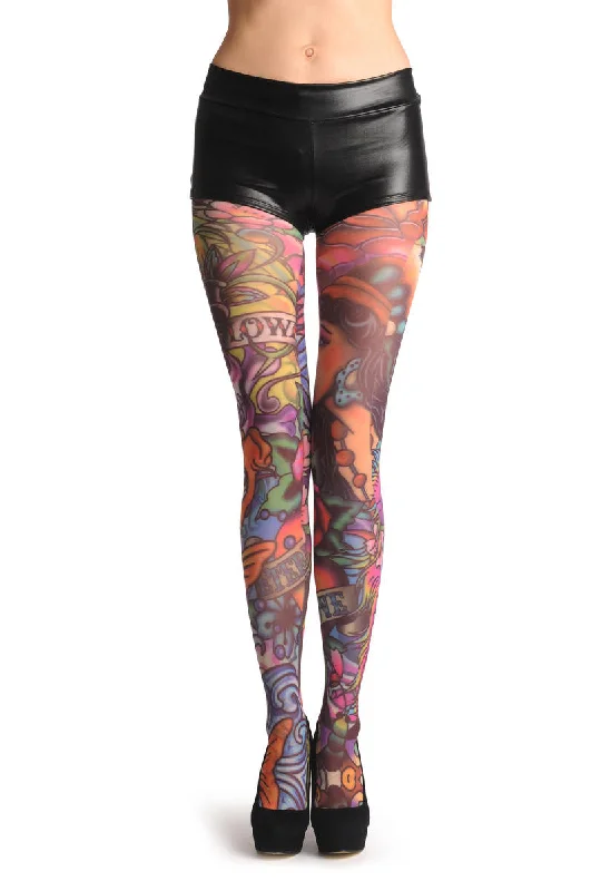 Color Block Tights for WomenA Girl With Flowers Tattoo