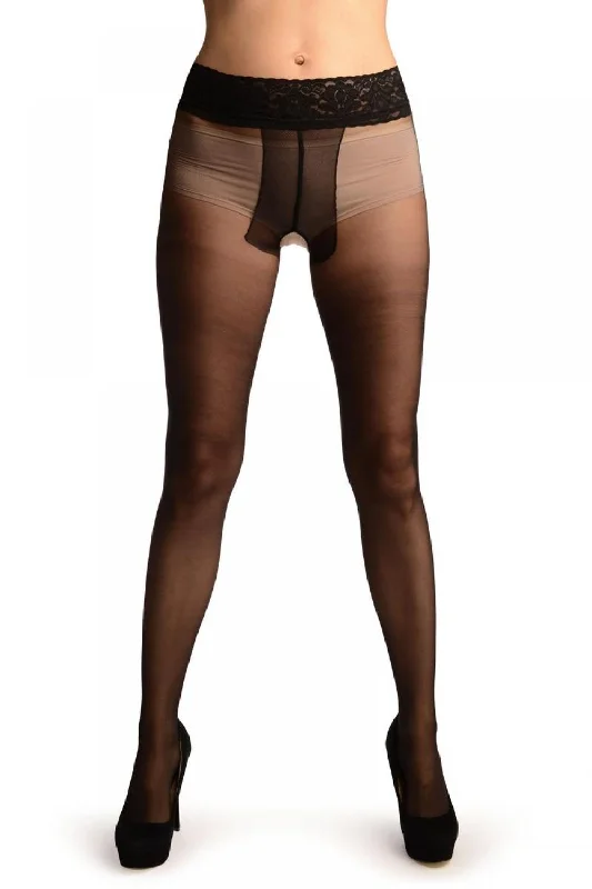 Plus Size Women's TightsBlack Crotchless With Floral Silicon Lace Top Tights