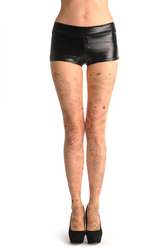 Tights with Back Seam for WomenBlack Printed Heart Roses & Starts Tattoo