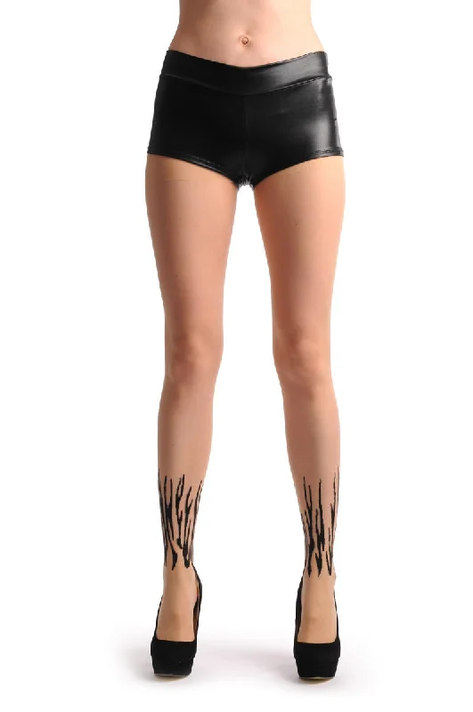 Embellished Tights for WomenNude With Black Fire Flame Around Ankle