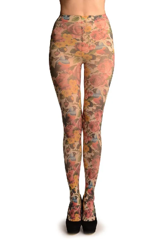 Thigh-High Tights for WomenVintage Birds & Roses Printed Tights