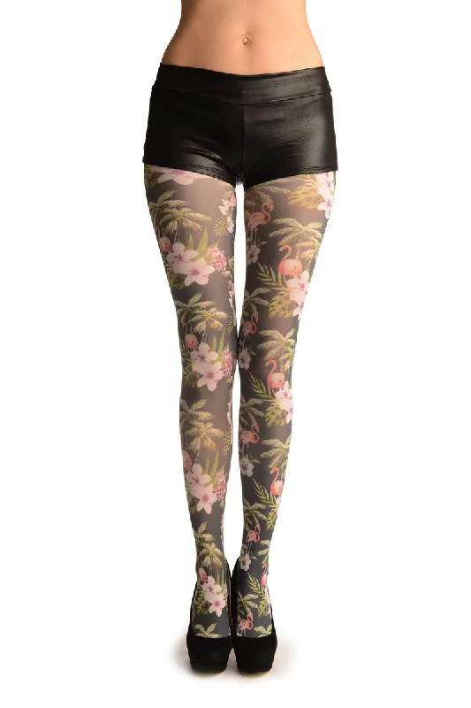 Women's Retro TightsWhite Flower & Flamingo