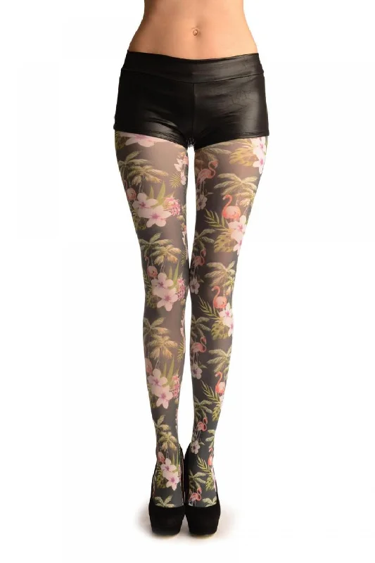 Women's Tights with Lace TrimWhite Flower & Flamingo