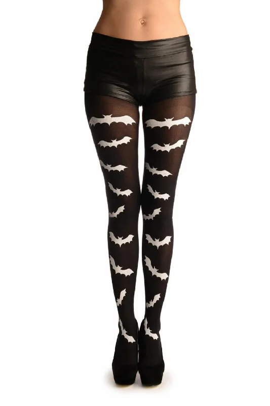 Tights with Bow DetailsWhite Printed Bats On Black (Halloween)