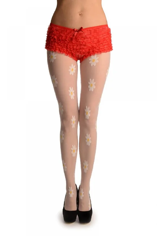 Leopard Print Tights for WomenWhite With Woven Daisy Fowers