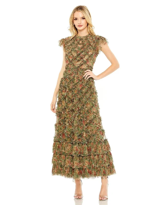 Maxi dresses with a belted empire waist for a more defined and flattering silhouette Mac Duggal 8009 Cap Sleeve Tea Length Dress