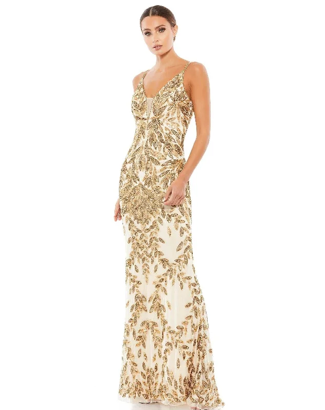 Denim maxi dresses with frayed hems for a casual look Mac Duggal Embellished Gold Leaf Evening Gown Sale