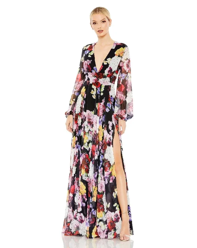 Maxi dresses with side slits for a touch of allure Mac Duggal 55660 Long Sleeve Floral Chiffon Dress