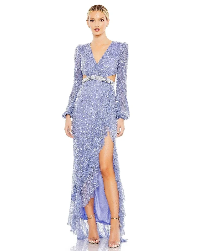 Satin maxi dresses with a high - low hem for a modern twist Mac Duggal 5745 Long Sleeve High Low Formal Dress
