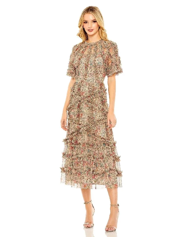 Maxi dresses with an asymmetric hem for a fashion - forward and eye - catching design Mac Duggal 8010 Short Sleeve Tea Length Dress